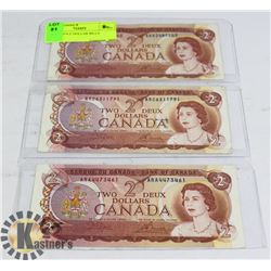 THREE 1974 TWO DOLLAR BILLS