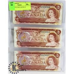THREE 1974 TWO DOLLAR BILLS