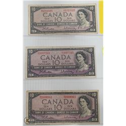 1954 CANADIAN $10 BILL X3