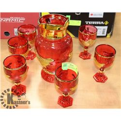 ARTGLASS PITCHER AND GLASS SET RED WITH GOLD TONE