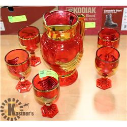 ARTGLASS PITCHER AND GLASS SET RED WITH GOLD TONE