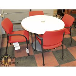 NEW LIGHT WOOD TONE ROUND TABLE WITH 4 BLACK AND