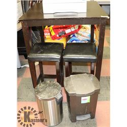 BAR HEIGHT TABLE WITH 2 STOOLS AND 2 SMALL GARBAGE