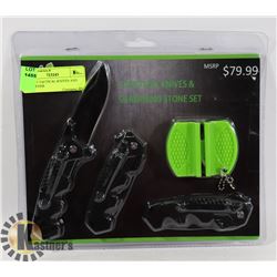 SET OF 3 TACTICAL KNIVES AND SHARPENER