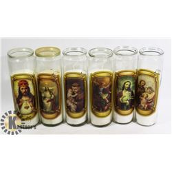 FLAT OF 6 RELIGIOUS CANDLES IN GLASS CYLINDERS