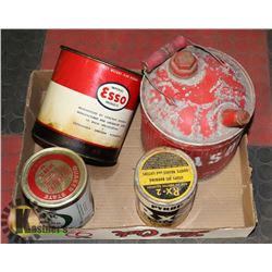 VINTAGE 4 PIECE LOT OIL TINS, GAS CAN