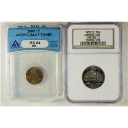 2-SLABBED COINS 2000 LINCOLN CENT ANACS MS64RB &