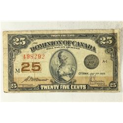 1923 DOMINION OF CANADA 25 CENT FRACTIONAL NOTE