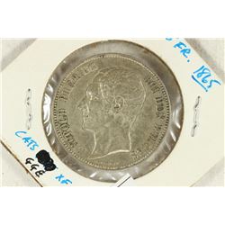 1865 BELGIUM SILVER 5 FRANCS EXTRA FINE