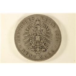 1874-D GERMANY BAVARIA SILVER 5 MARK VERY FINE