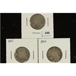 1902-H, 1905 & 1907 CANADA SILVER 25 CENTS