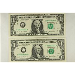 2-2003-A $1 FRN'S LOW CONSECUTIVE SERIAL 'S UNC