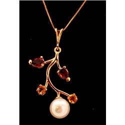 Jewelry - 14K Solid Rose Gold Necklace w/ Garnets, Citrines & Pearl