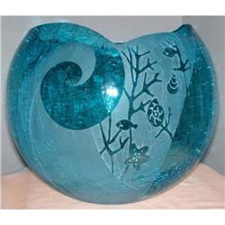 HUGE HAND MADE CARVED AQUA CRACKLE GLASS BOWL #1232670