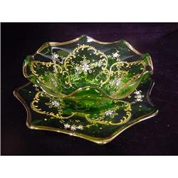 Green Glass Bowl with Under Plate #1268873