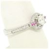 Image 4 : 14k Solid White Gold 0.85 ctw Round Pave Set Diamond & Pink Sapphire Halo Ring