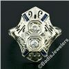 Image 2 : Art Deco 18kt White Gold Euro Cut Diamond & Sapphire Filigree Dinner Ring