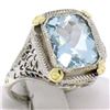 Art Deco 14k Two Tone Gold 2.50 ctw Cushion Blue Aquamarine Filigree Ring