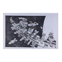 STARSHIP TROOPERS (1997) - Fleet Battlestation Ticonderoga Production Design Copy with Pen and Ink A