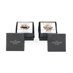 GAME OF THRONES (TV SERIES, 2011-2019) - Two Gold Cast and Crew Gift Dragon and Direwolf Rings