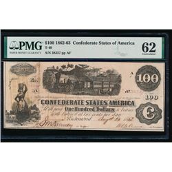 1862-63 $100 Confederate States of America Note PMG 62