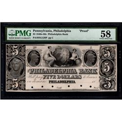 1840's-50's $5 Philadelphia Bank Note PMG 58