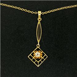 14k Gold Cushion Mine Cut Diamond Lavalier Pendant