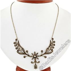 Victorian 14kt Yellow Gold Seed Pearl Floral Dangle Collier Necklace