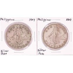 Lot of (2) 1907 Philippines One Peso Silver Coins