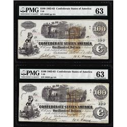 (2) Consecutive 1862 $100 Confederate States of America Notes PMG Choice Uncirculated 63