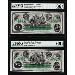 Matching Low Serial 1872 $20 South Carolina Obsolete Notes PMG Gem Uncirculated 66EPQ