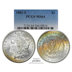 1881-S $1 Morgan Silver Dollar Coin PCGS MS64 Amazing Toning