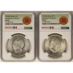 Lot of (2) 1957Mo Mexico 5 Pesos Constitution Centennial Silver Coins NGC MS65