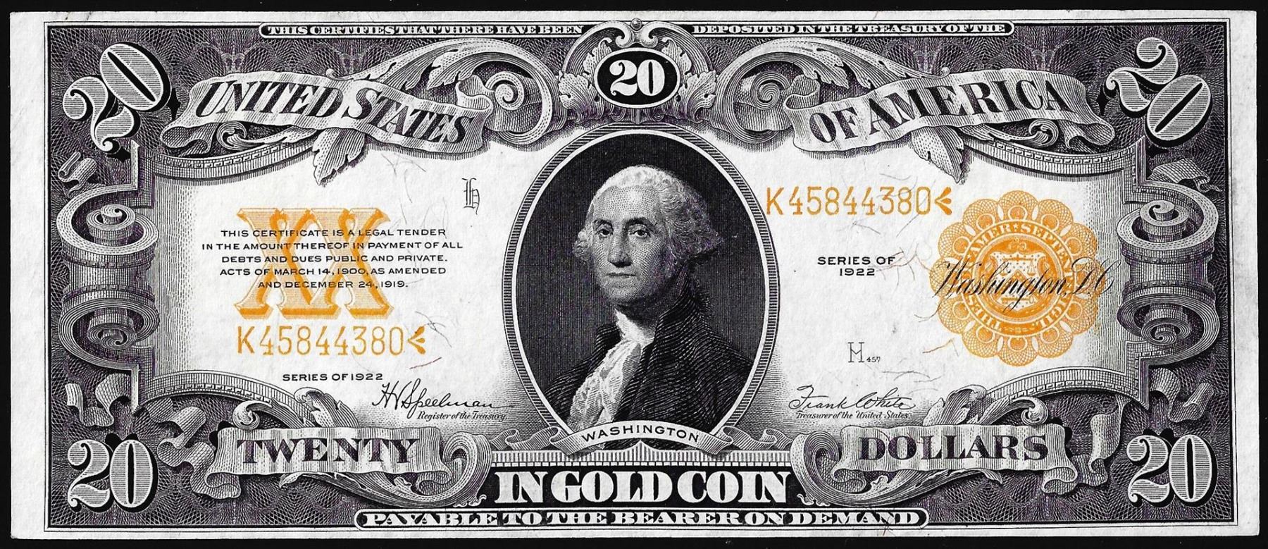 1922 $20 Gold Certificate Note