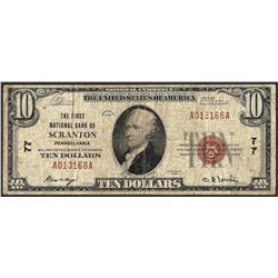 1929 $10 First NB of Scranton, Pennsylvania CH# 77 National Currency Note