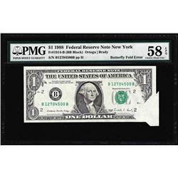 1988 $1 Federal Reserve Note New York Butterfly Fold ERROR PMG CH. About Unc 58EPQ