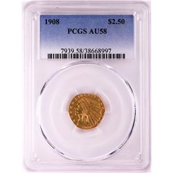 1908 $2 1/2 Indian Head Quarter Eagle Gold Coin PCGS AU58