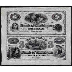 Half Sheet of 1800's $1 and $3 The Bank of Michigan Marshall, MI Obsolete Notes