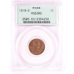 1918-D Lincoln Wheat Cent Coin PCGS MS63RD Old Green Holder