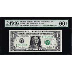 2001 $1 Federal Reserve Note Mismatched Serial Number ERROR PMG Gem Uncirculated 66EPQ