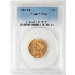 1892-CC $5 Liberty Head Half Eagle Gold Coin PCGS MS62