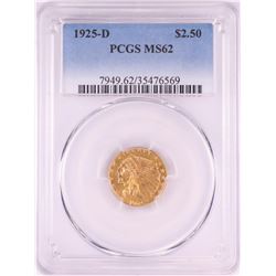 1925-D $2 1/2 Indian Head Quarter Eagle Gold Coin PCGS MS62