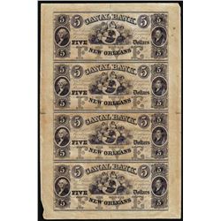 Uncut Sheet of (4) 1800's $5 Canal Bank New Orleans, Louisiana Obsolete Notes