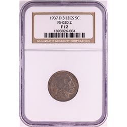 1937-D 3 Legs Buffalo Nickel Coin NGC F12 FS-020.2