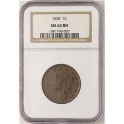 1838 Coronet Hair Large Cent Coin NGC MS62BN