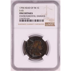 1794 Head of 94 S-65 Liberty Cap Large Cent Coin NGC Fine Details