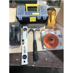 SH. PARK: TOOL LOT: INCLUDES HAMMER, LEVEL, TOOLBOX