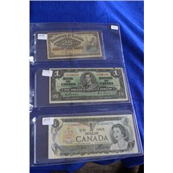 Canada Bills (3): Twenty-five Cent Bill, 1900, Bouville; One Dollar Bill, 1937, L/L6206139 Gordon/To
