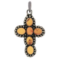 Sterling Silver Oval Cabochon Bezel Amber Cross Pendant & Bead Work Halo