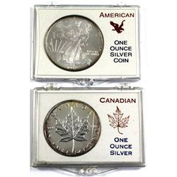 1991 Canada 1oz Maple Leaf & 1997 USA 1oz Eagle Fine Silver Coins in Hard Plastic Holders (Scratched